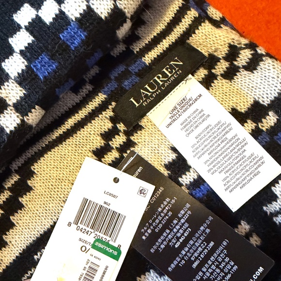 Lauren par Ralph Lauren wool blend winter themed Geo jacquard scarf NWT - Picture 6 of 10